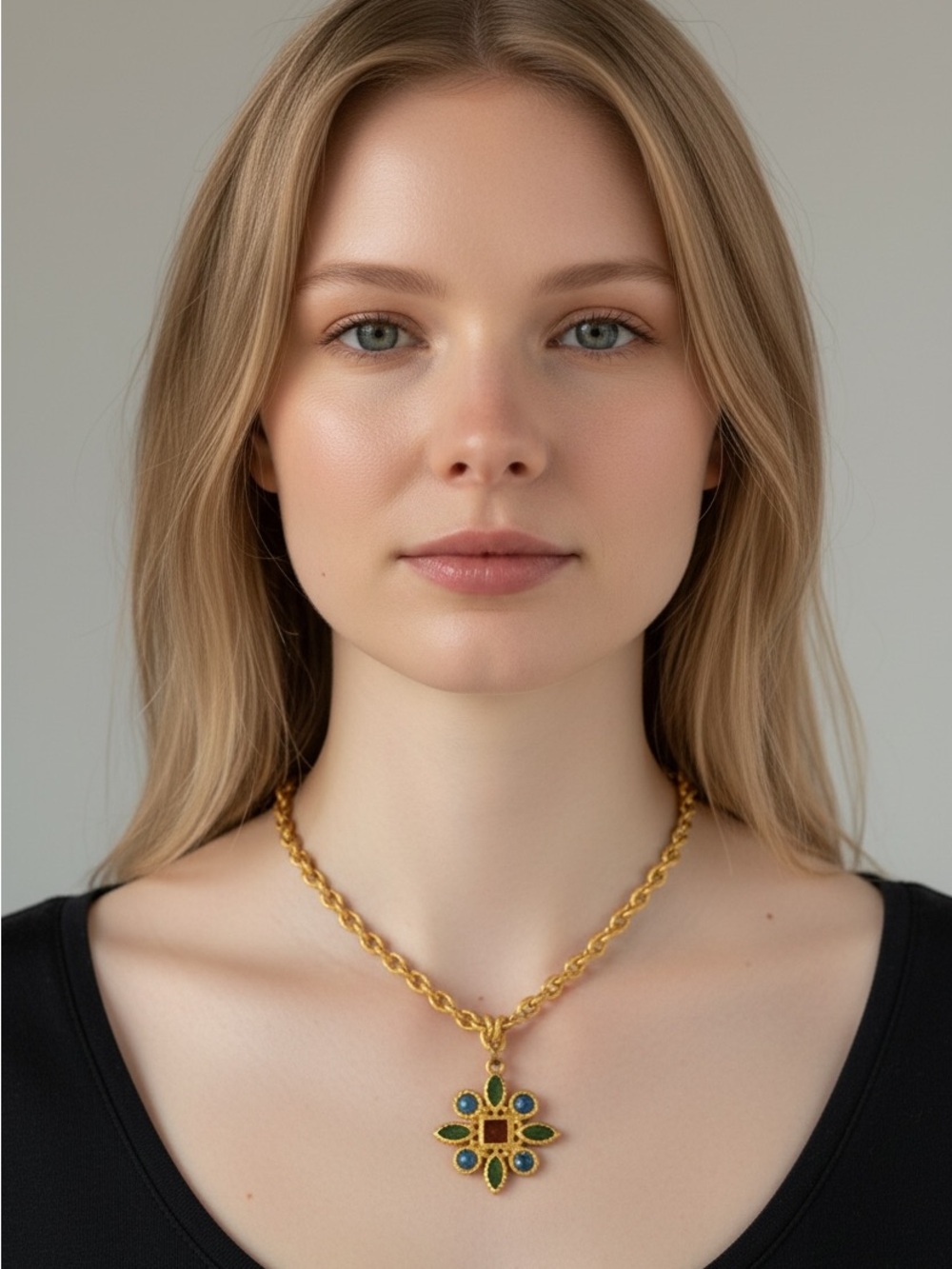 10/16 Gold-Tone Necklace with Green Gemstone Pendant